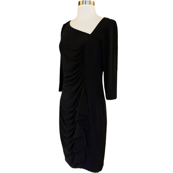DAVID MEISTER Black Sheath Cocktail Dress Ruched Ruffles 3/4 Sleeves Midi 4 EUC - Picture 3 of 8
